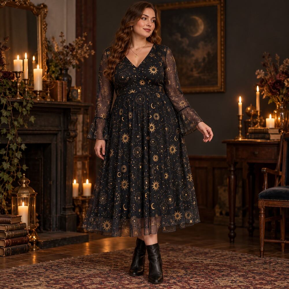 Bloomchic Celestial Mesh Midi Dress sz 14/16 Whimsigoth Witchy Sheer Halloween
